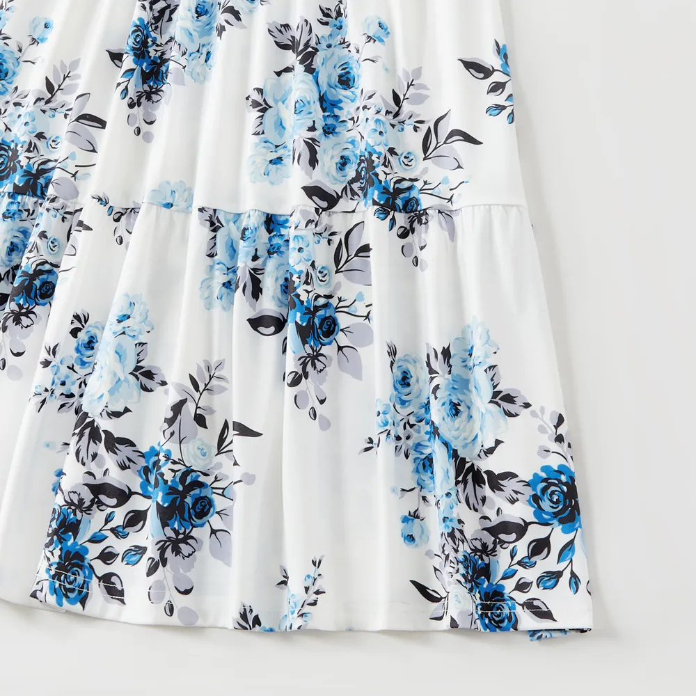 Family Matching 95% Cotton Dark Blue Short-sleeve T-shirts and Floral Print Spliced Dresses Sets big image 15