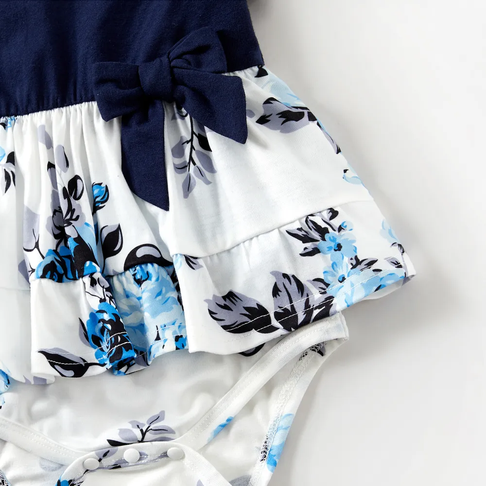 Family Matching 95% Cotton Dark Blue Short-sleeve T-shirts and Floral Print Spliced Dresses Sets big image 4