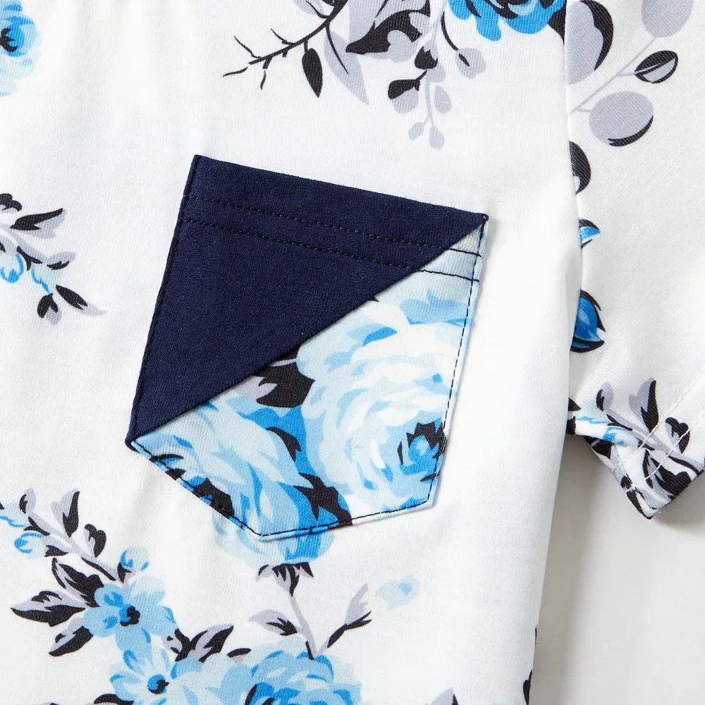 Family Matching 95% Cotton Dark Blue Short-sleeve T-shirts and Floral Print Spliced Dresses Sets big image 12