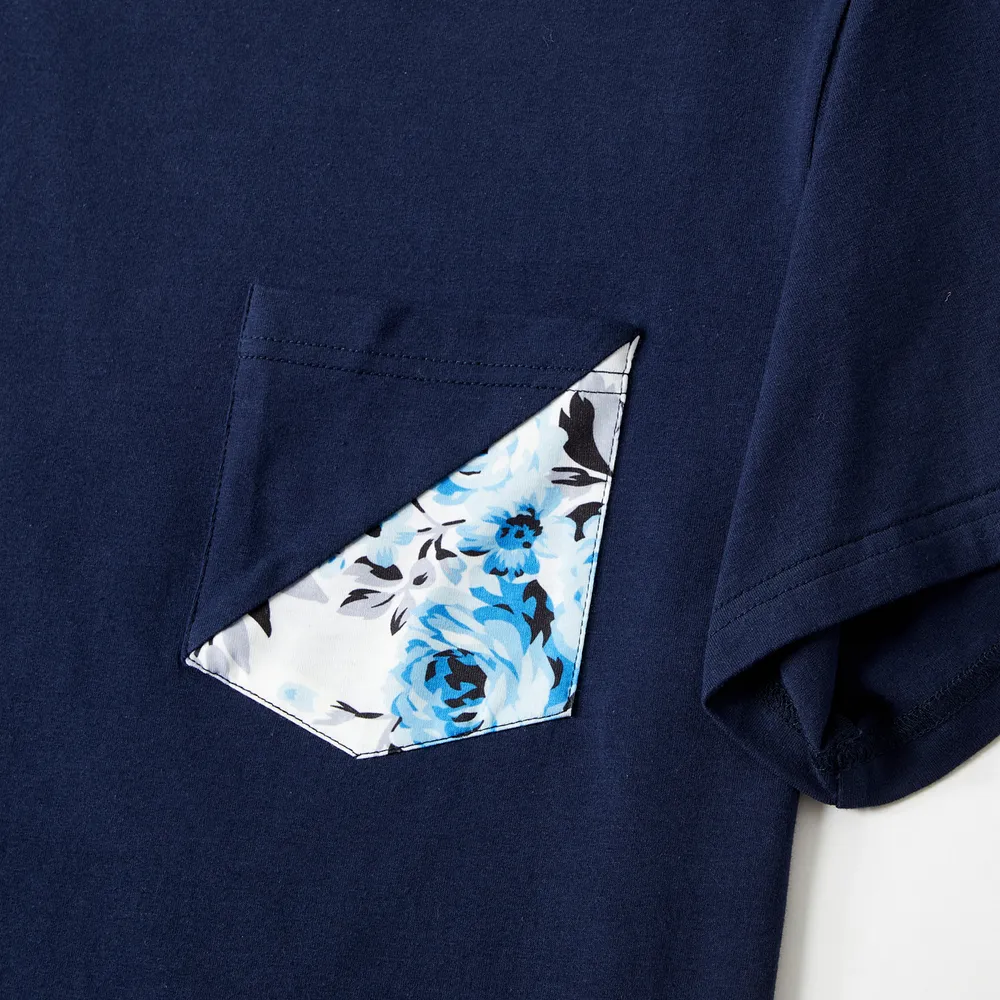 Family Matching 95% Cotton Dark Blue Short-sleeve T-shirts and Floral Print Spliced Dresses Sets big image 20