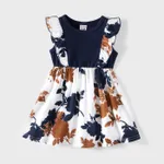 Family Matching Cotton Short-sleeve Colorblock Ribbed T-shirts and V Neck Flutter-sleeve Spliced Floral Print High Low Hem Dresses Sets royalblue