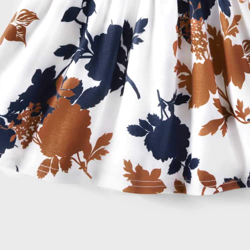 Family Matching Cotton Short-sleeve Colorblock Ribbed T-shirts and V Neck Flutter-sleeve Spliced Floral Print High Low Hem Dresses Sets big image 4