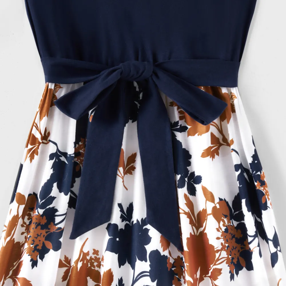 Family Matching Cotton Short-sleeve Colorblock Ribbed T-shirts and V Neck Flutter-sleeve Spliced Floral Print High Low Hem Dresses Sets big image 14