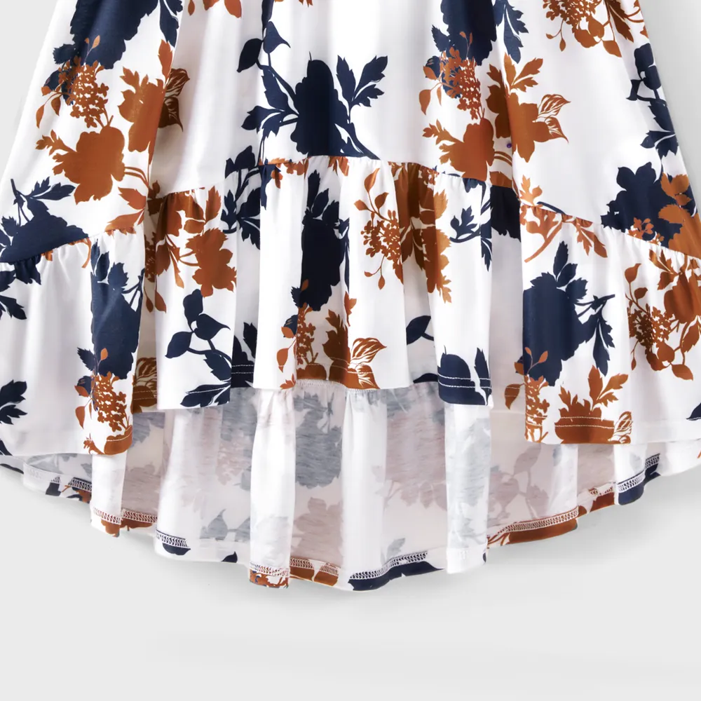 Family Matching Cotton Short-sleeve Colorblock Ribbed T-shirts and V Neck Flutter-sleeve Spliced Floral Print High Low Hem Dresses Sets big image 15