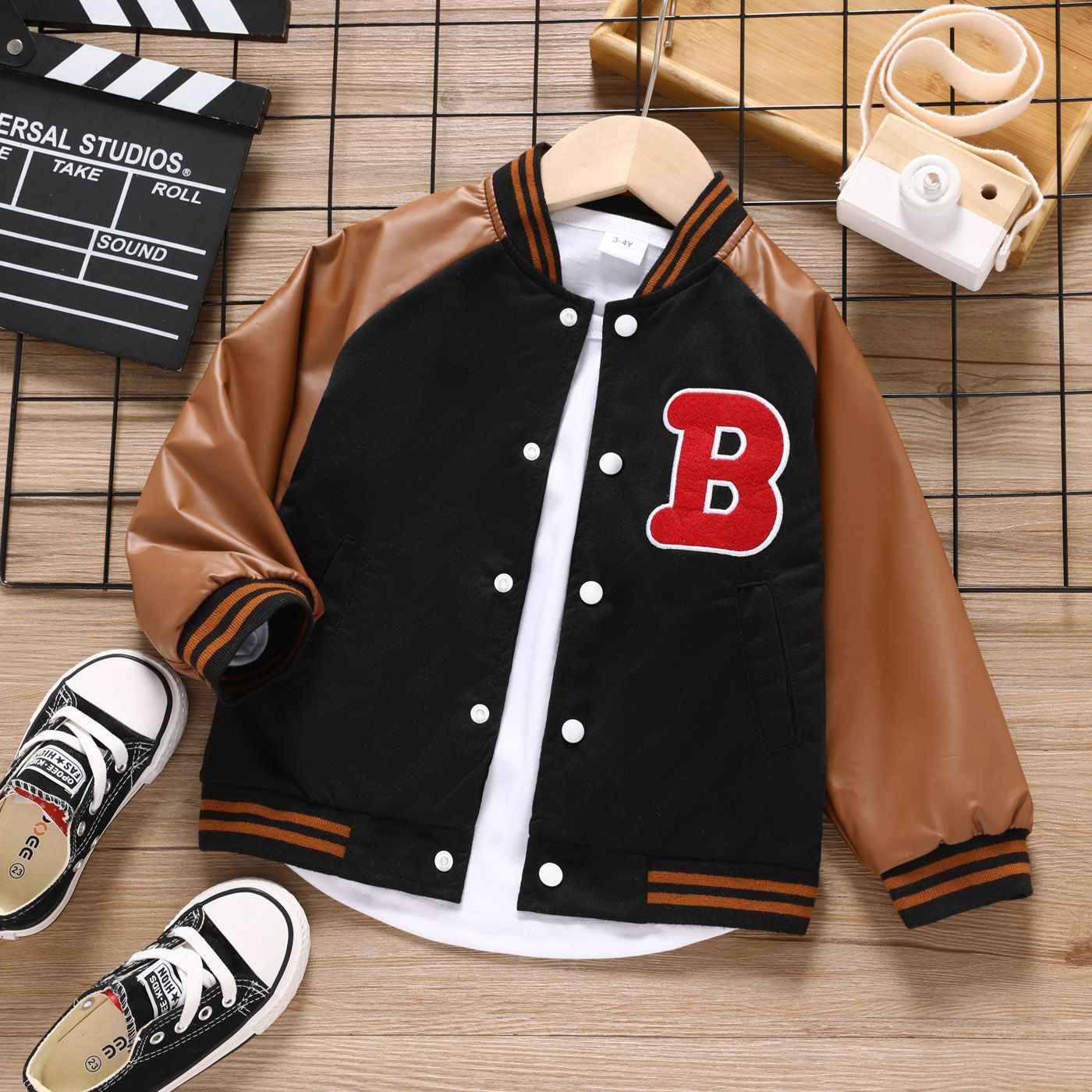 

Toddler Boy Trendy Letter Embroidered PU Splice Bomber Jacket