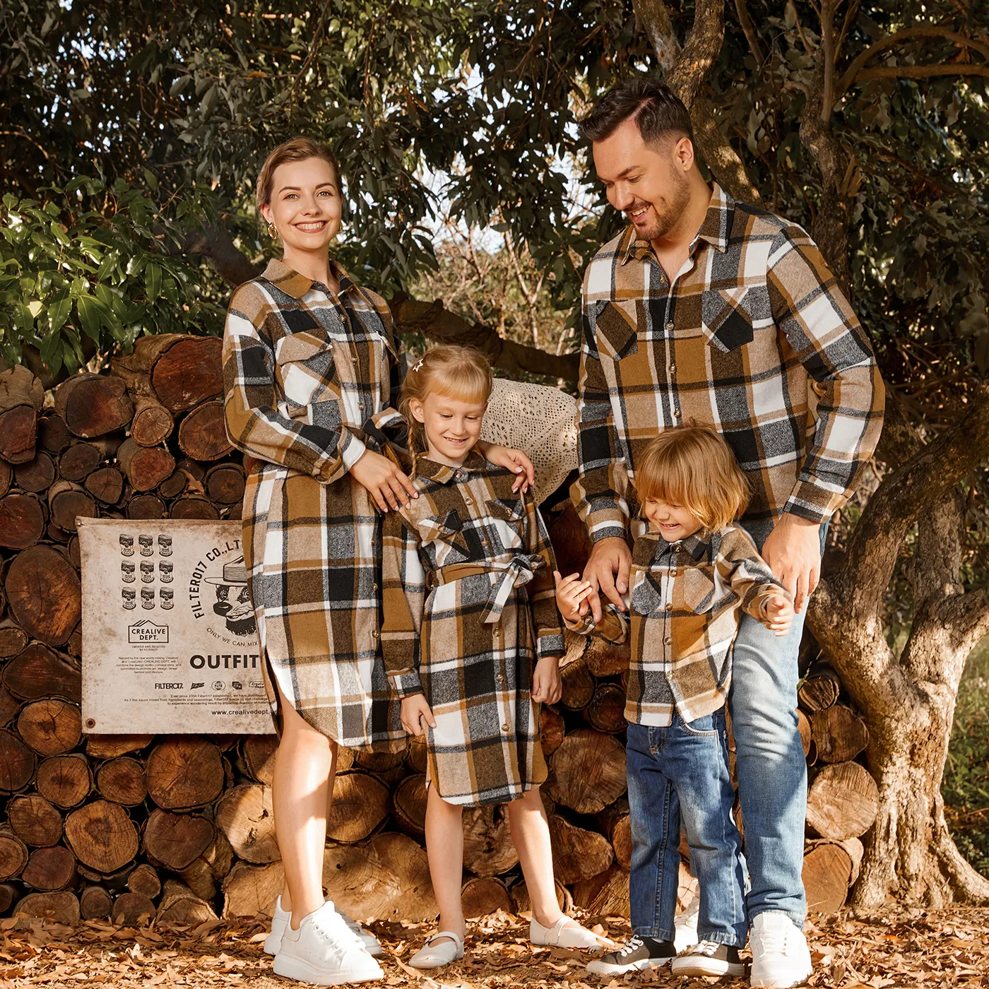 Family Matching Long-sleeve Button Up Coffee Plaid Shirts and Dresses Sets Coffee image 2