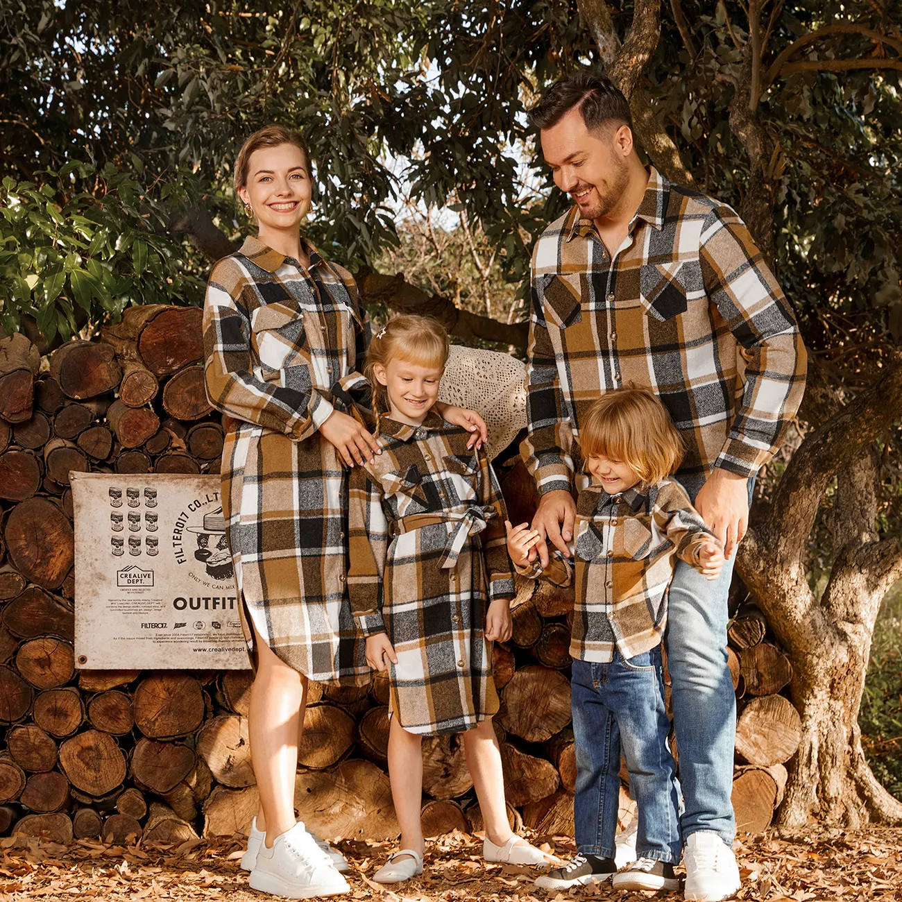 Family Matching Long-sleeve Button Up Coffee Plaid Shirts and Dresses Sets Coffee big image 1