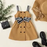Toddler Girl Double Breasted Belted Letter Design Strap Dress Khaki
