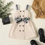 Toddler Girl Double Breasted Belted Letter Design Strap Dress Apricot