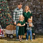 Family Matching Green Velvet Surplice Neck Ruffle-sleeve Dresses and Plaid Shirts Sets  image 4