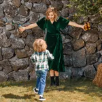 Family Matching Green Velvet Surplice Neck Ruffle-sleeve Dresses and Plaid Shirts Sets  image 6