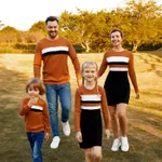 Family Matching Cotton Rib Knit Colorblock Long-sleeve Bodycon Dresses and Tops Sets Black/White/Red image 4
