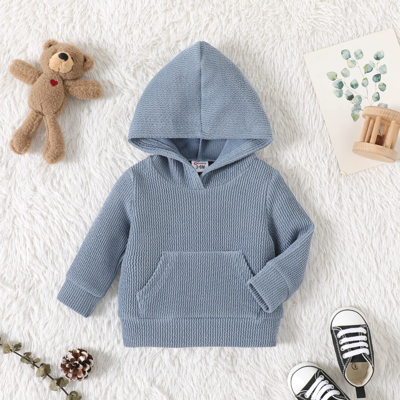 Baby Boy/Girl Solid Textured Long-sleeve Hoodie Blue