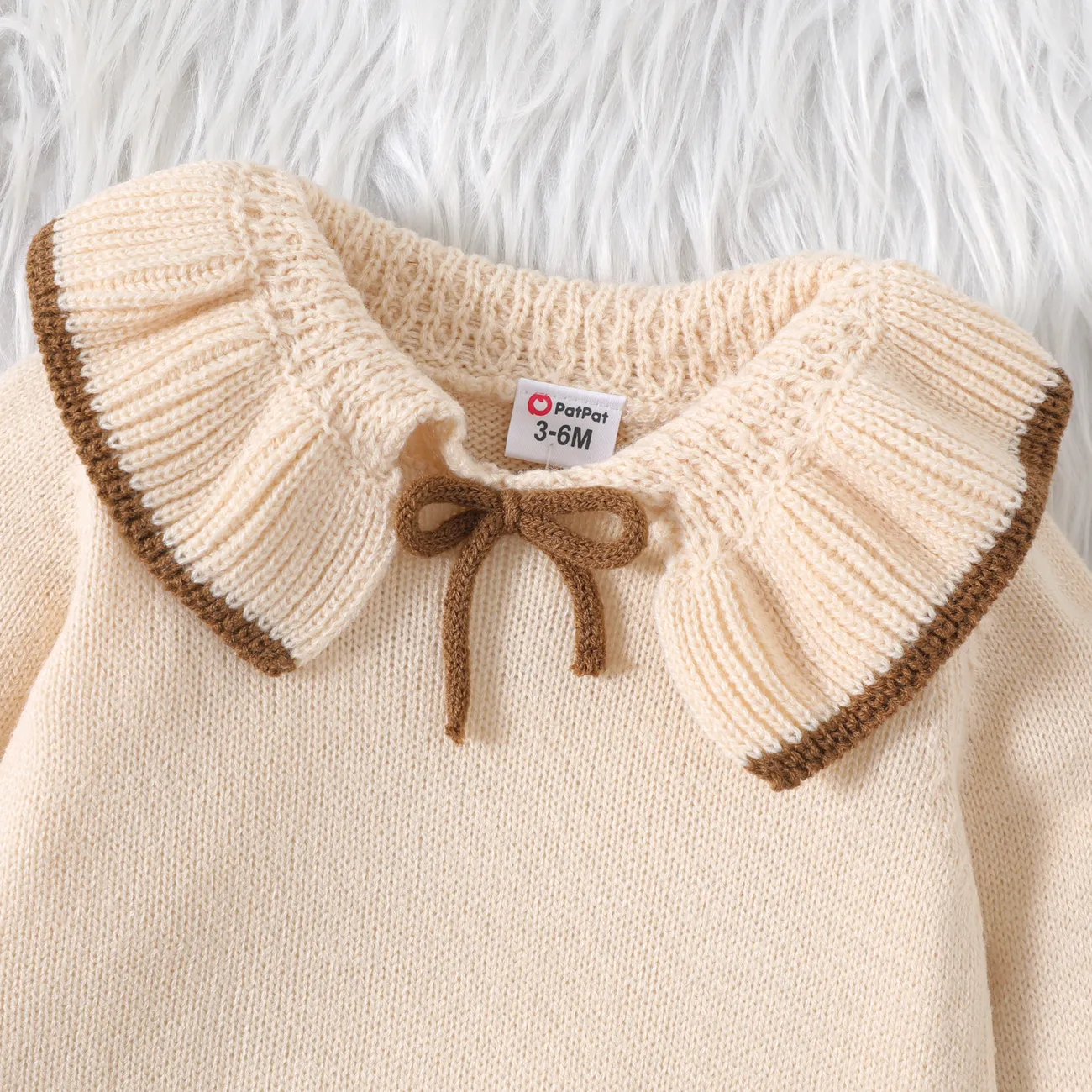 2pcs Baby Girl Solid Knitted Ruffle Trim Long-sleeve Top and Skirt Set Brown big image 1