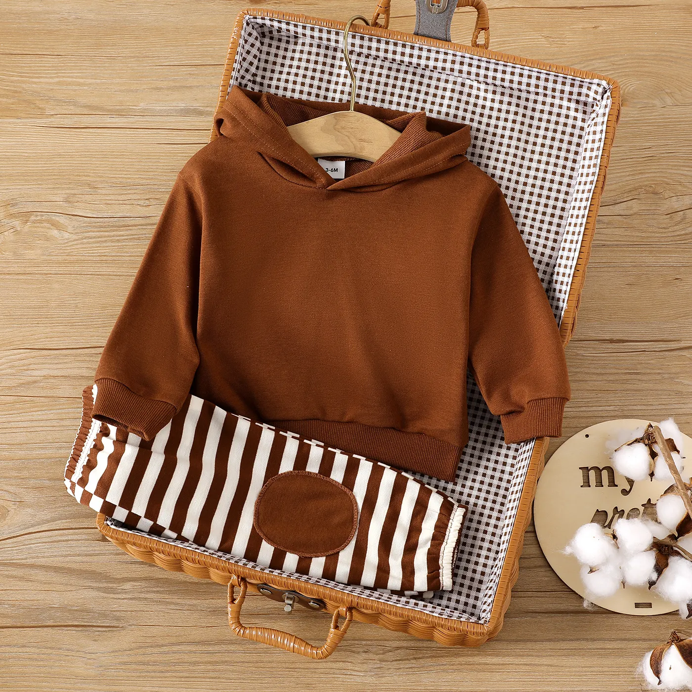 2pcs Baby Boy/Girl Brown Long-sleeve 3D Ears Hoodie and Striped Pants Set  big image 1