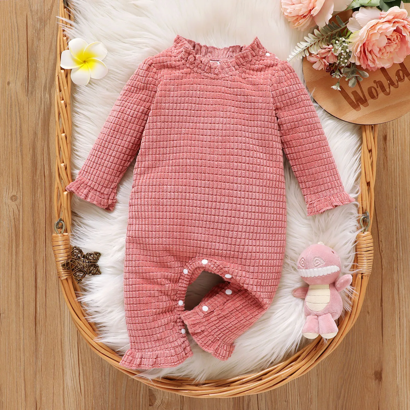 

Baby Girl Pink Corduroy Frill Neck Long-sleeve Jumpsuit