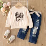 2pcs Toddler Girl Trendy Patchwork Ripped Denim Jeans and Figure Print Sweatshirt Set Khaki