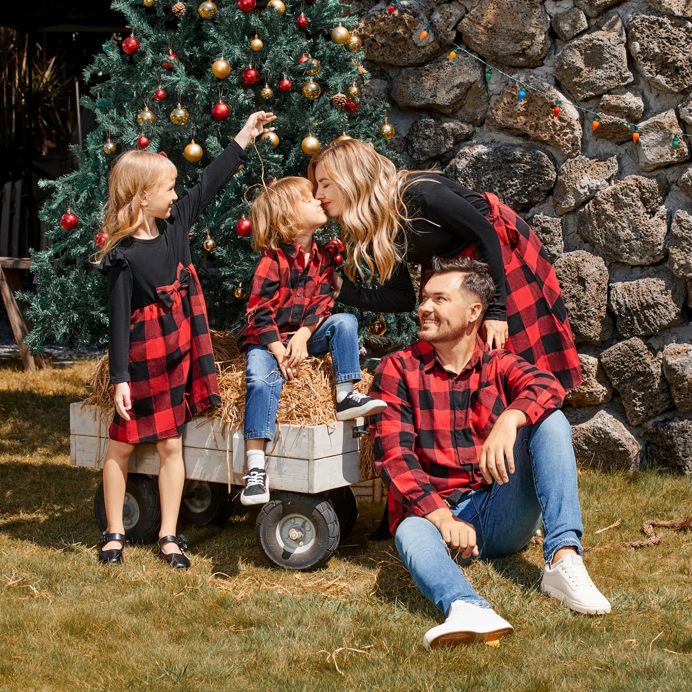 Red Plaid Splicing Black Long-sleeve Dresses and Shirts Sets Black image 4