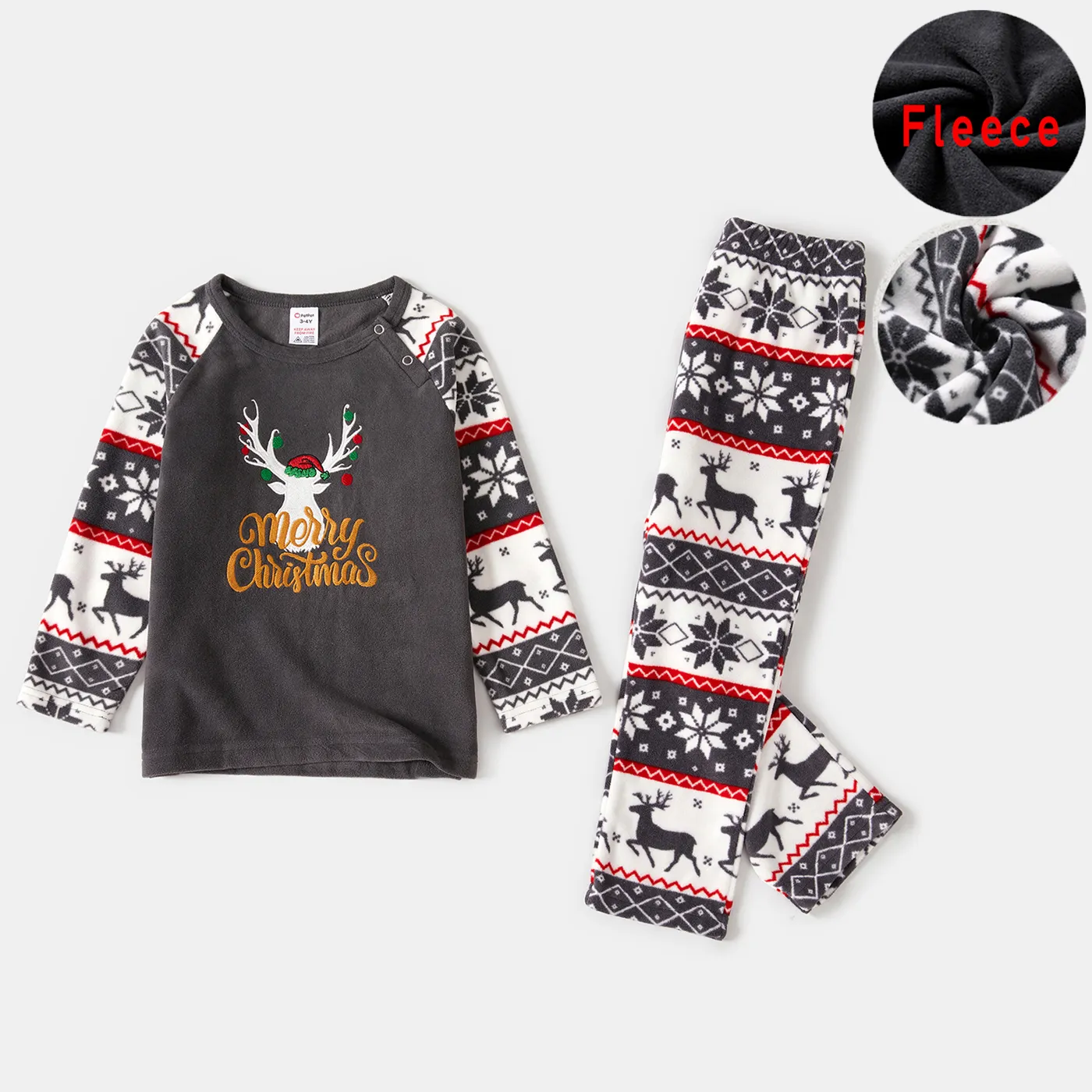 Christmas Family Matching Deer & Letter Embroidered Raglan-sleeve Thickened Polar Fleece Pajamas Sets (Flame Resistant) Grey image 6