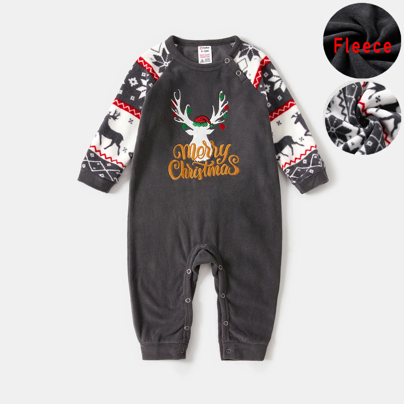Christmas Family Matching Deer & Letter Embroidered Raglan-sleeve Thickened Polar Fleece Pajamas Sets (Flame Resistant) Grey big image 1