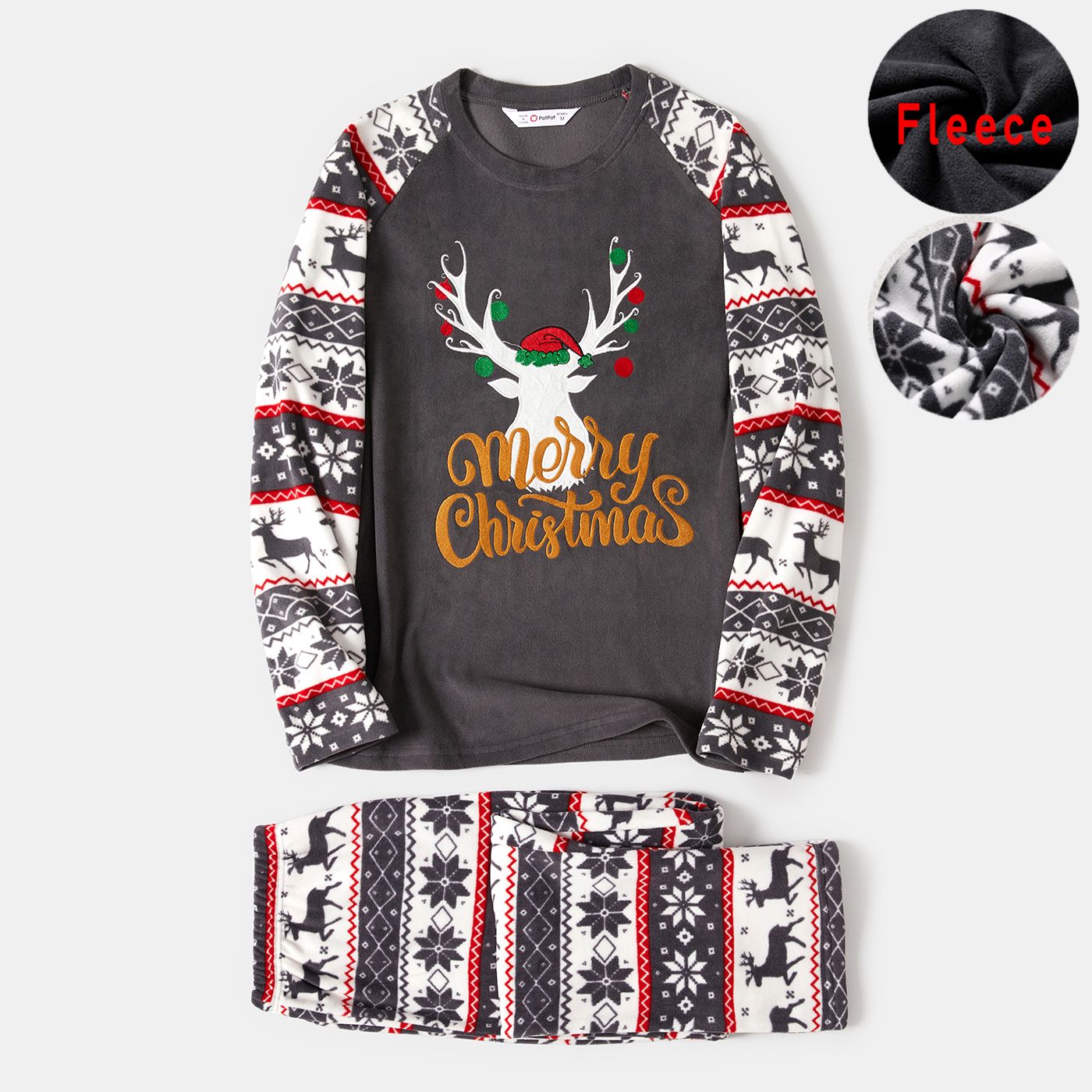 Christmas Family Matching Deer & Letter Embroidered Raglan-sleeve Thickened Polar Fleece Pajamas Set