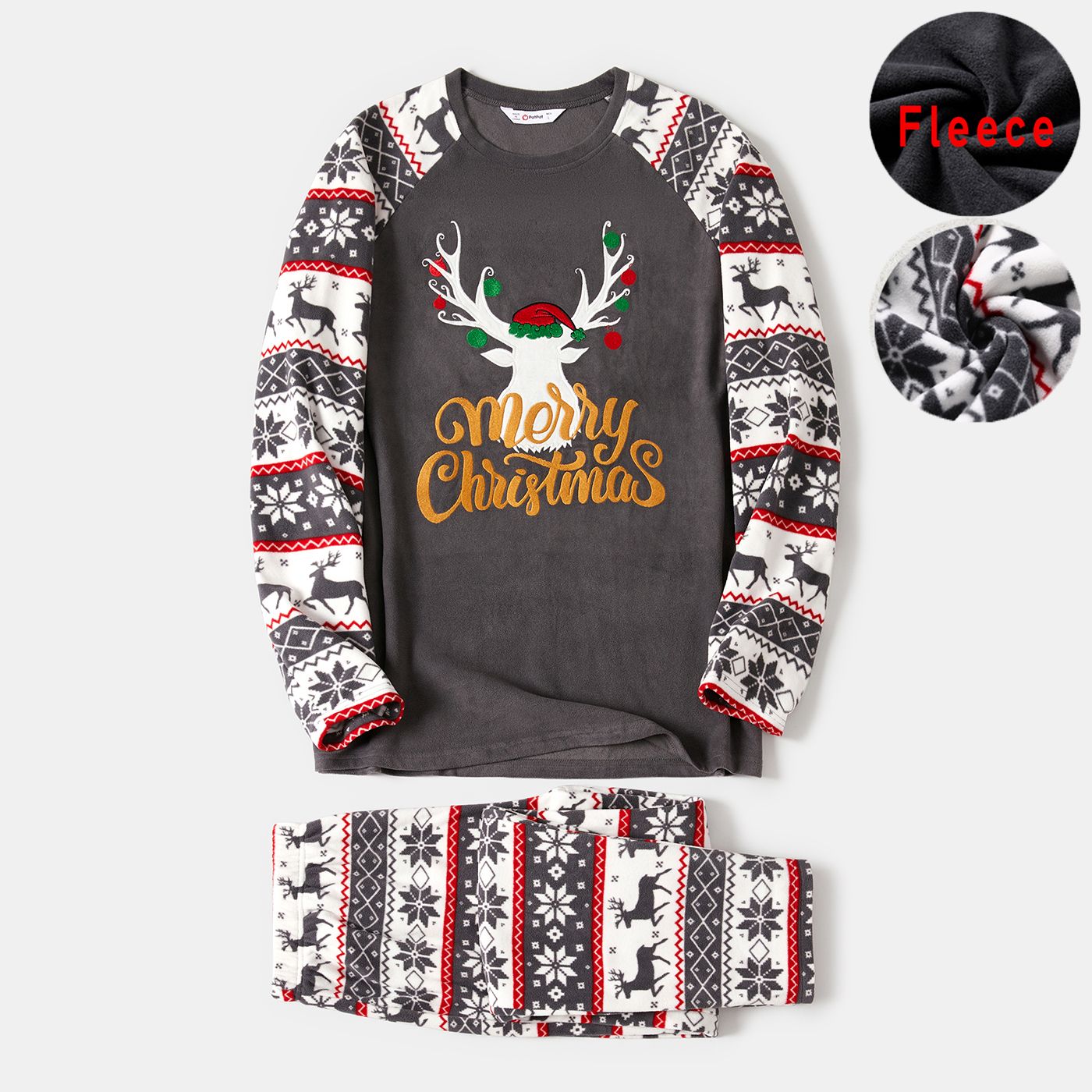 Christmas Family Matching Deer & Letter Embroidered Raglan-sleeve Thickened Polar Fleece Pajamas Set