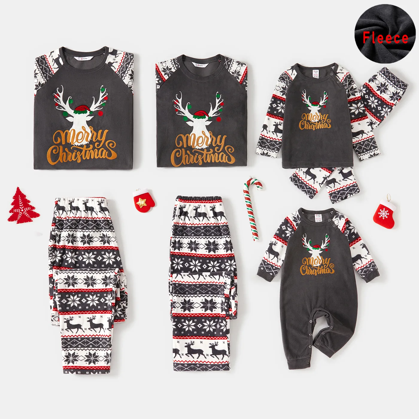 Christmas Family Matching Deer & Letter Embroidered Raglan-sleeve Thickened Polar Fleece Pajamas Sets (Flame Resistant) Grey image 2