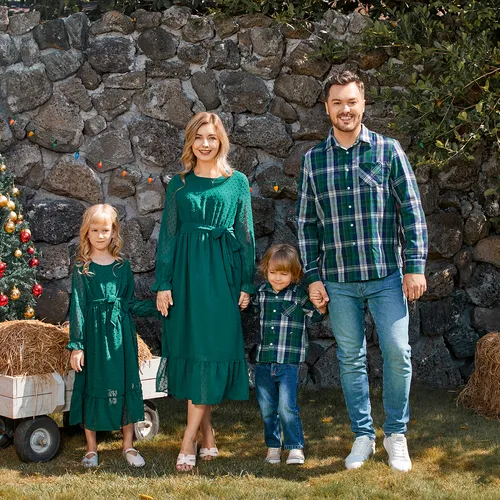 Family Matching Long-sleeve Dark Green Swiss Dot Belted Ruffle Hem Dresses and Button Up Plaid Shirts Sets