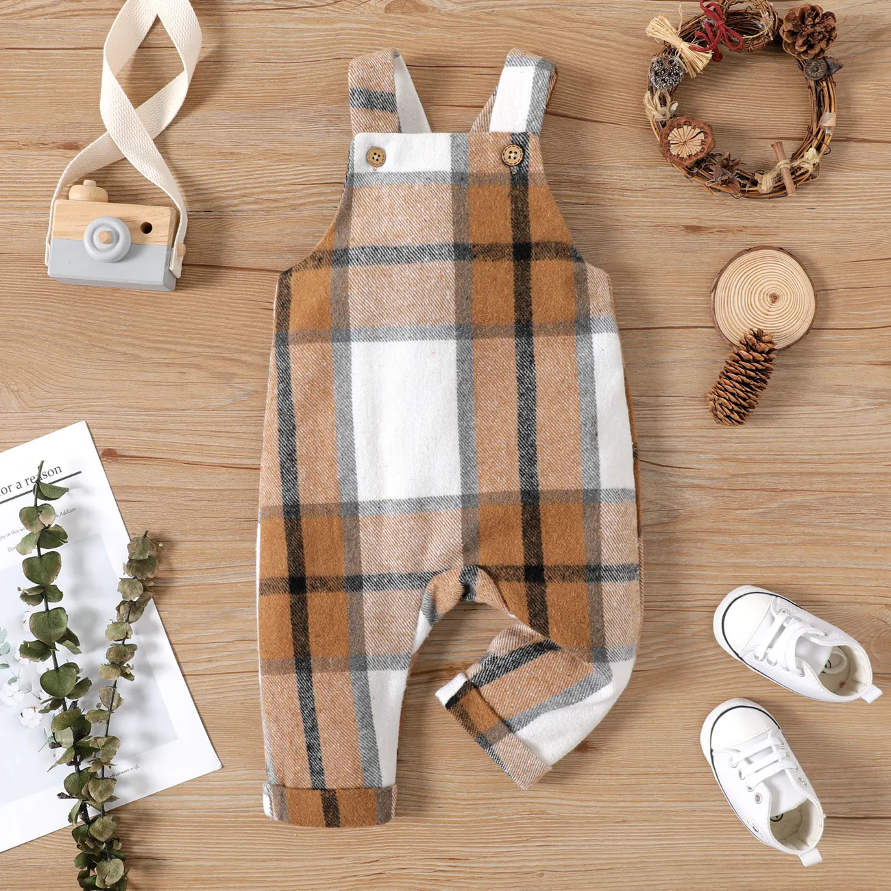 Baby Boy/Girl Button Front Plaid Overalls Coffee big image 1