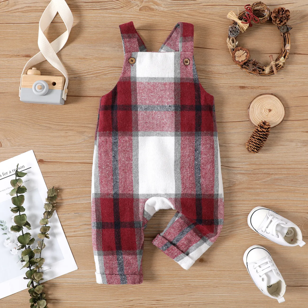 Baby Boy/Girl Button Front Plaid Overalls Red big image 1