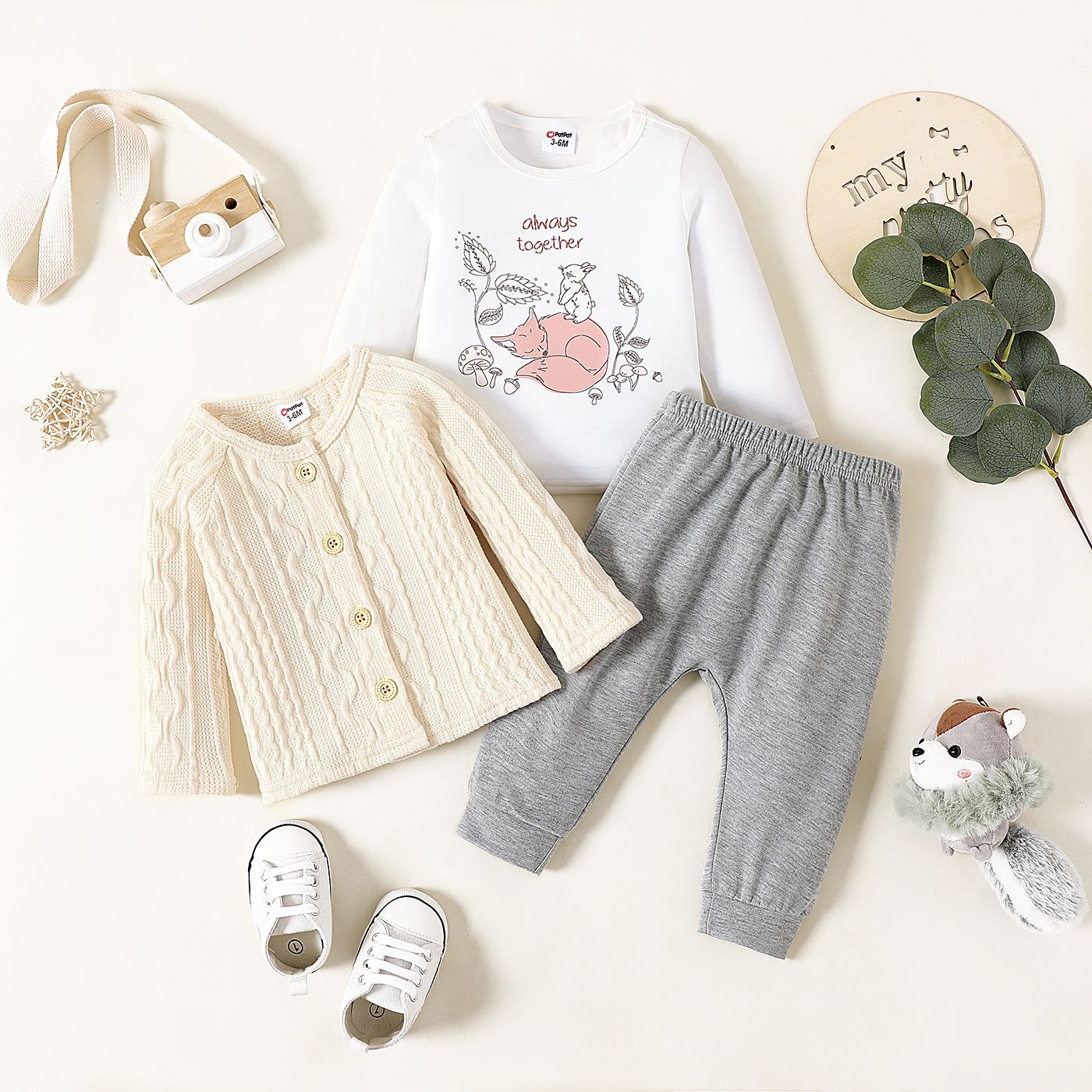 

3pcs Baby Boy/Girl Sweater Cardigan and Long-sleeve Graphic Tee with Solid Pants Set