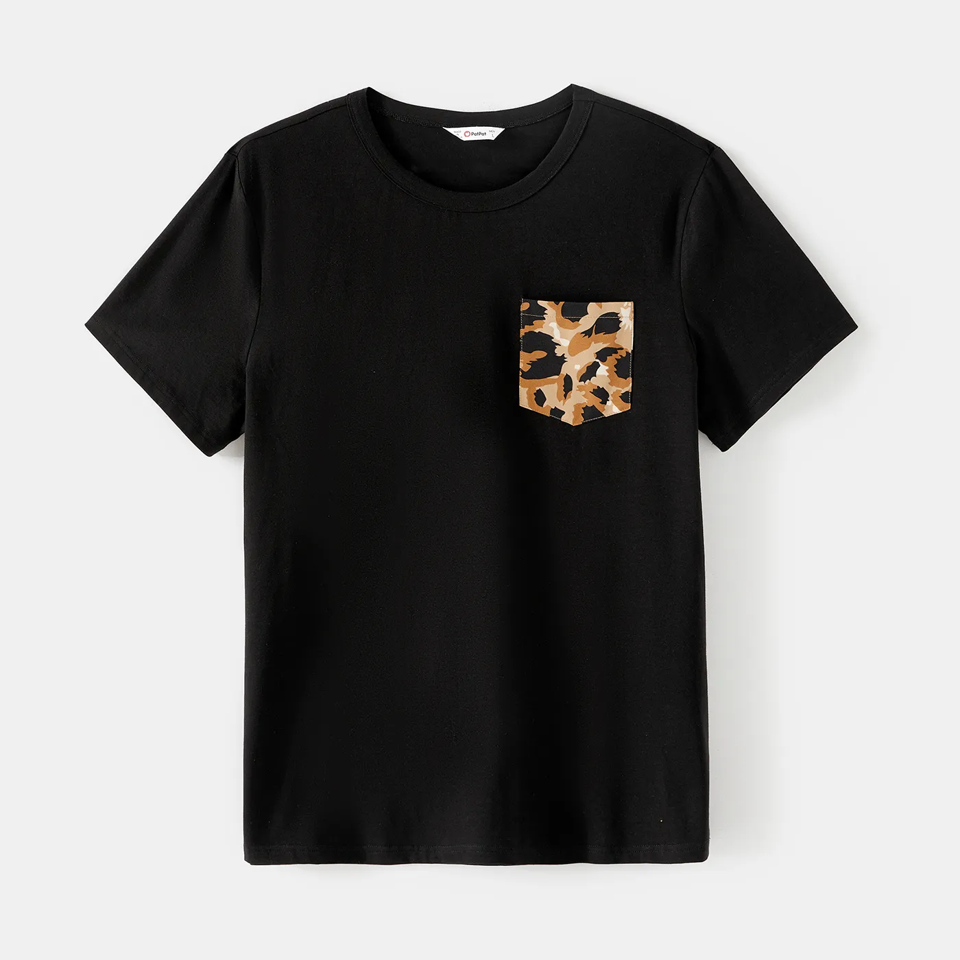 Conjuntos de camisetas de manga corta negras de algodón a juego para la familia y vestidos de manga ondulada con dobladillo alto y estampado de leopardo