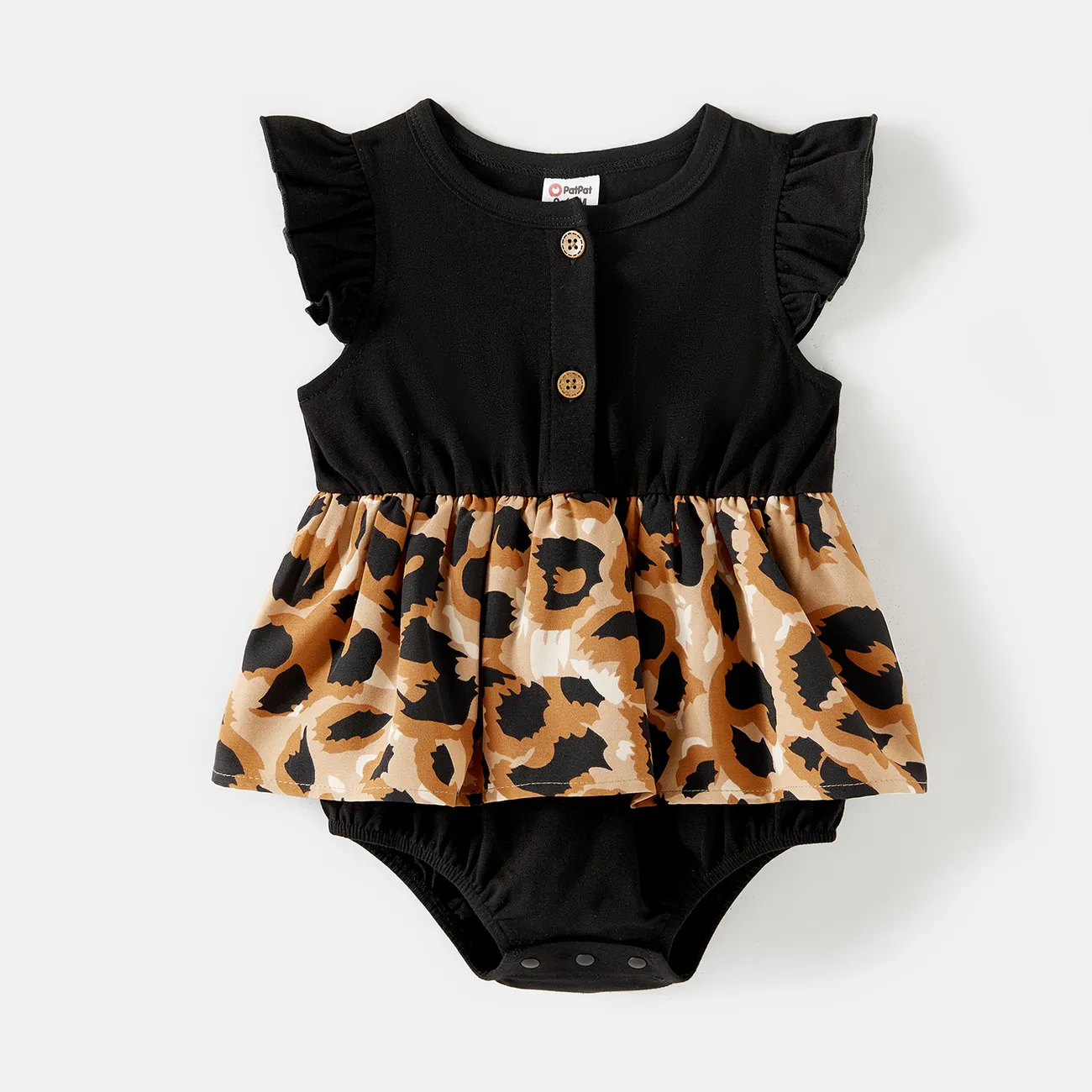 Family Matching Cotton Black Short-sleeve T-shirts and Leopard Print High Low Hem Flutter-sleeve Dresses Sets Black big image 1