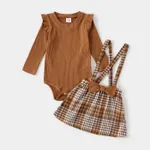 Family Matching Coffee Ribbed Spliced Plaid Belted Dresses and Long-sleeve Colorblock Tops Set  image 4
