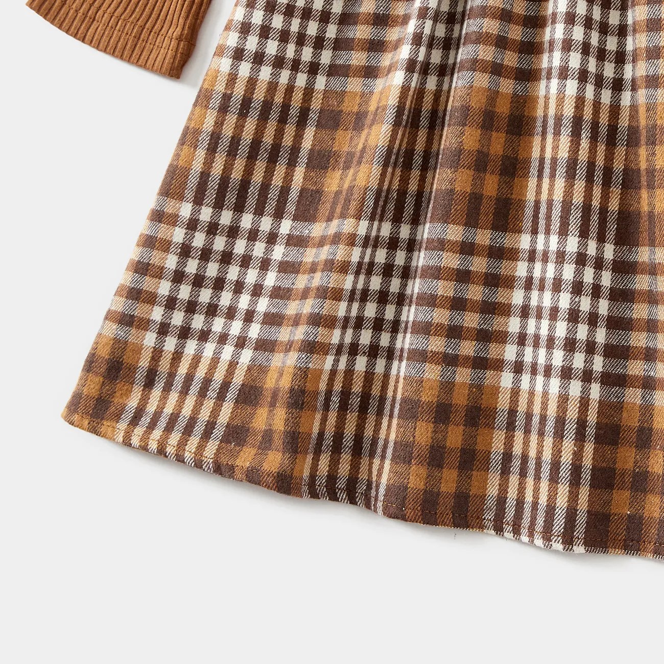 Family Matching Coffee Ribbed Spliced Plaid Belted Dresses and Long-sleeve Colorblock Tops Set Coffee big image 1