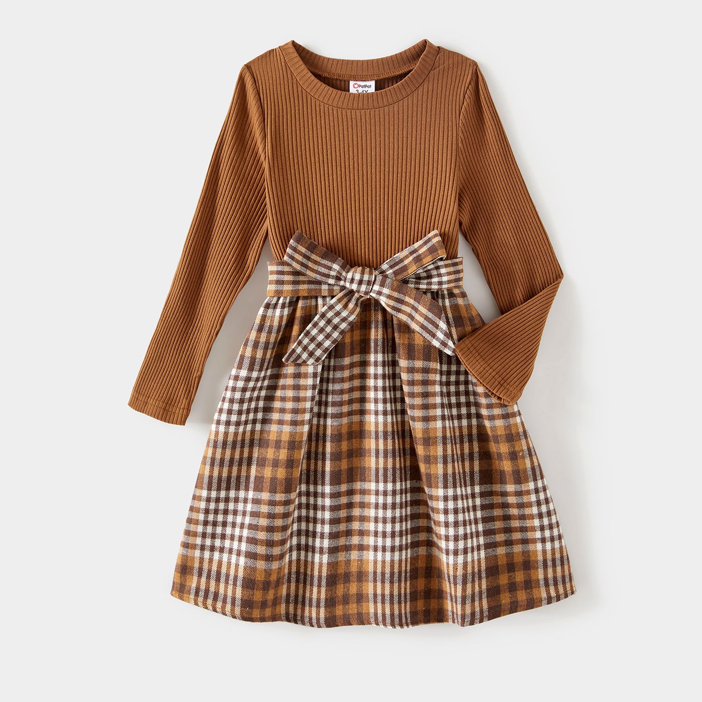 Family Matching Coffee Ribbed Spliced Plaid Belted Dresses And Long-sleeve Colorblock Tops Set