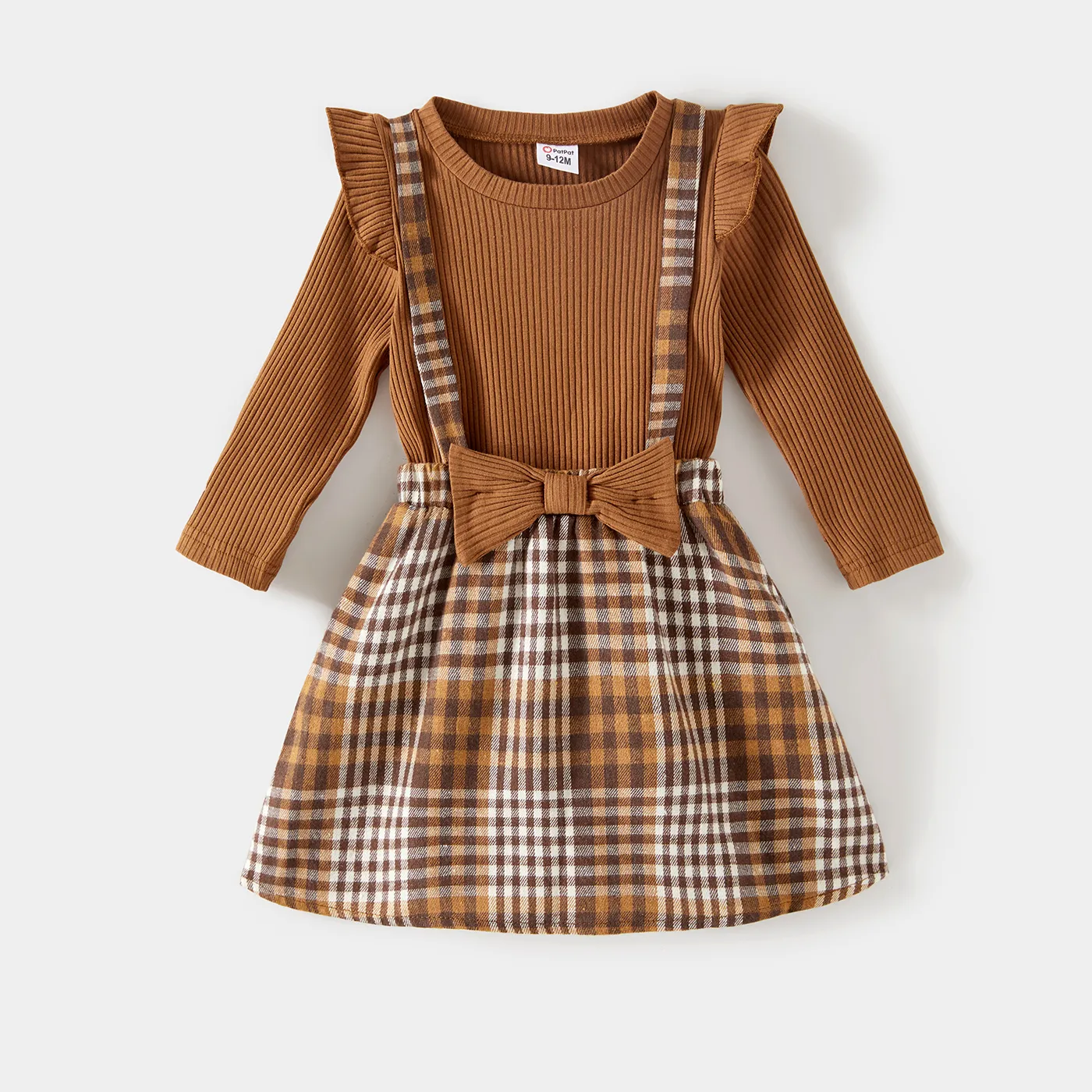 Family Matching Coffee Ribbed Spliced Plaid Belted Dresses and Long-sleeve Colorblock Tops Set  big image 1