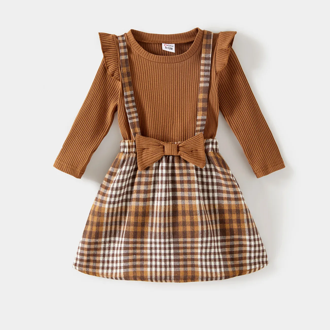 Family Matching Coffee Ribbed Spliced Plaid Belted Dresses and Long-sleeve Colorblock Tops Set  big image 1