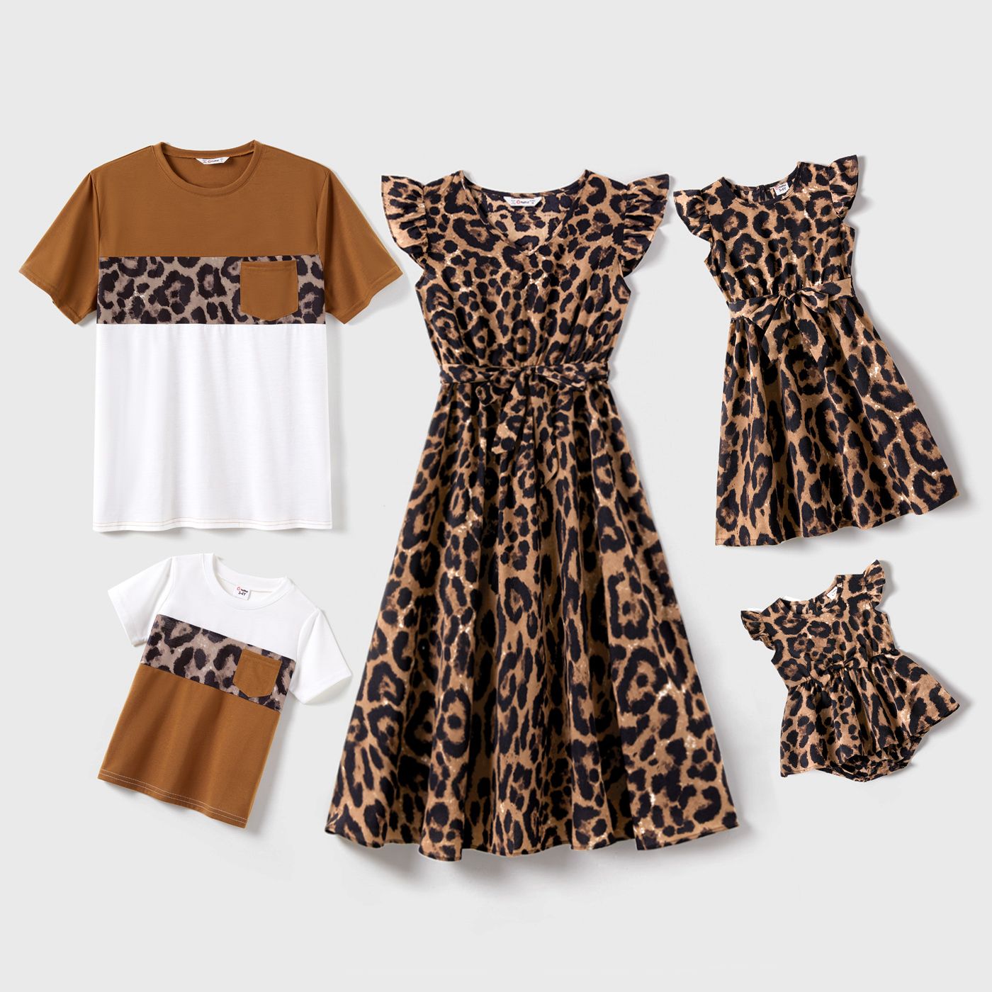 

Family Matching Leopard Print Flutter-sleeve Belted Dresses and Short-sleeve Colorblock T-shirts Sets