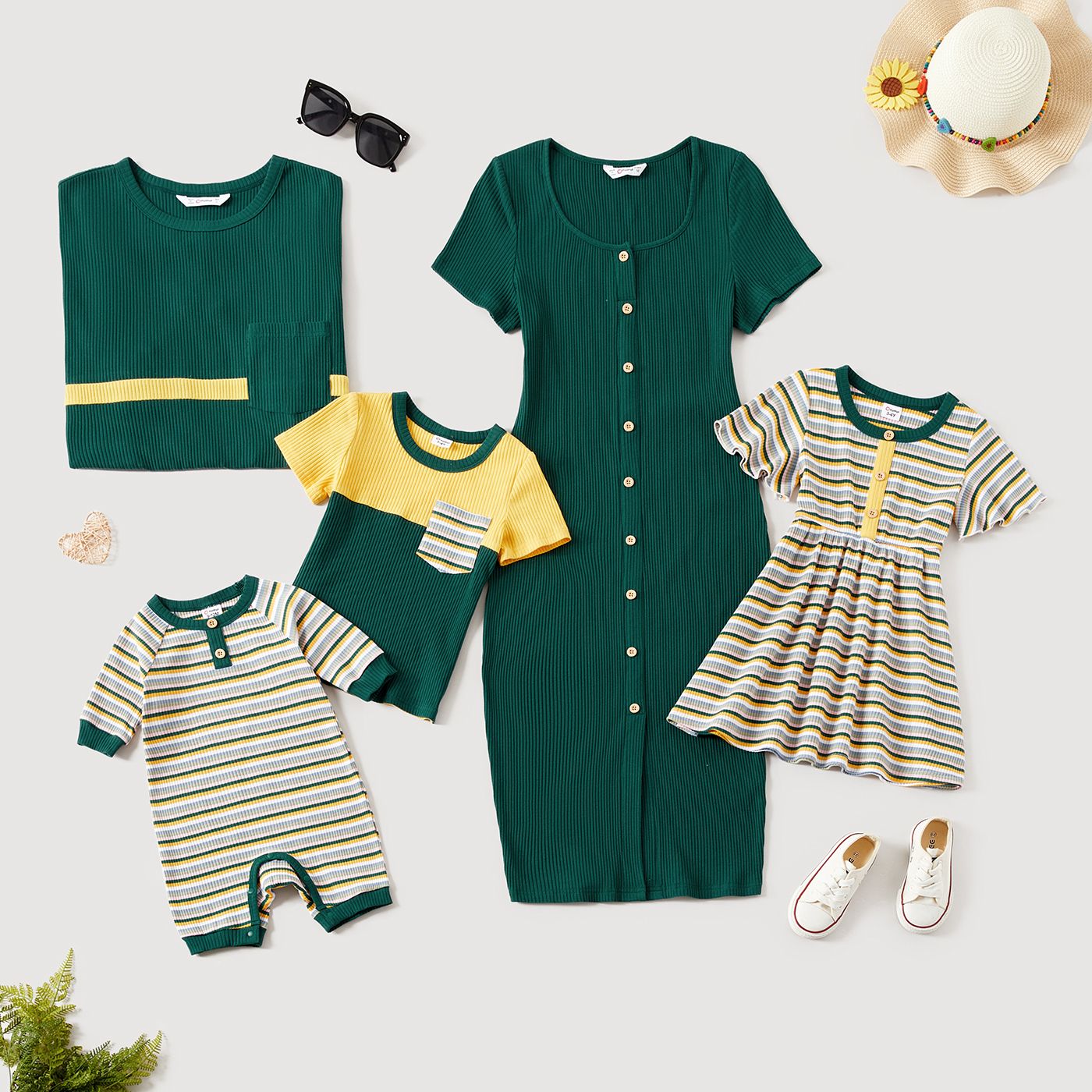 

Family Matching Cotton Ribbed Short-sleeve Solid & Striped Dresses and Two Tone T-shirts Sets