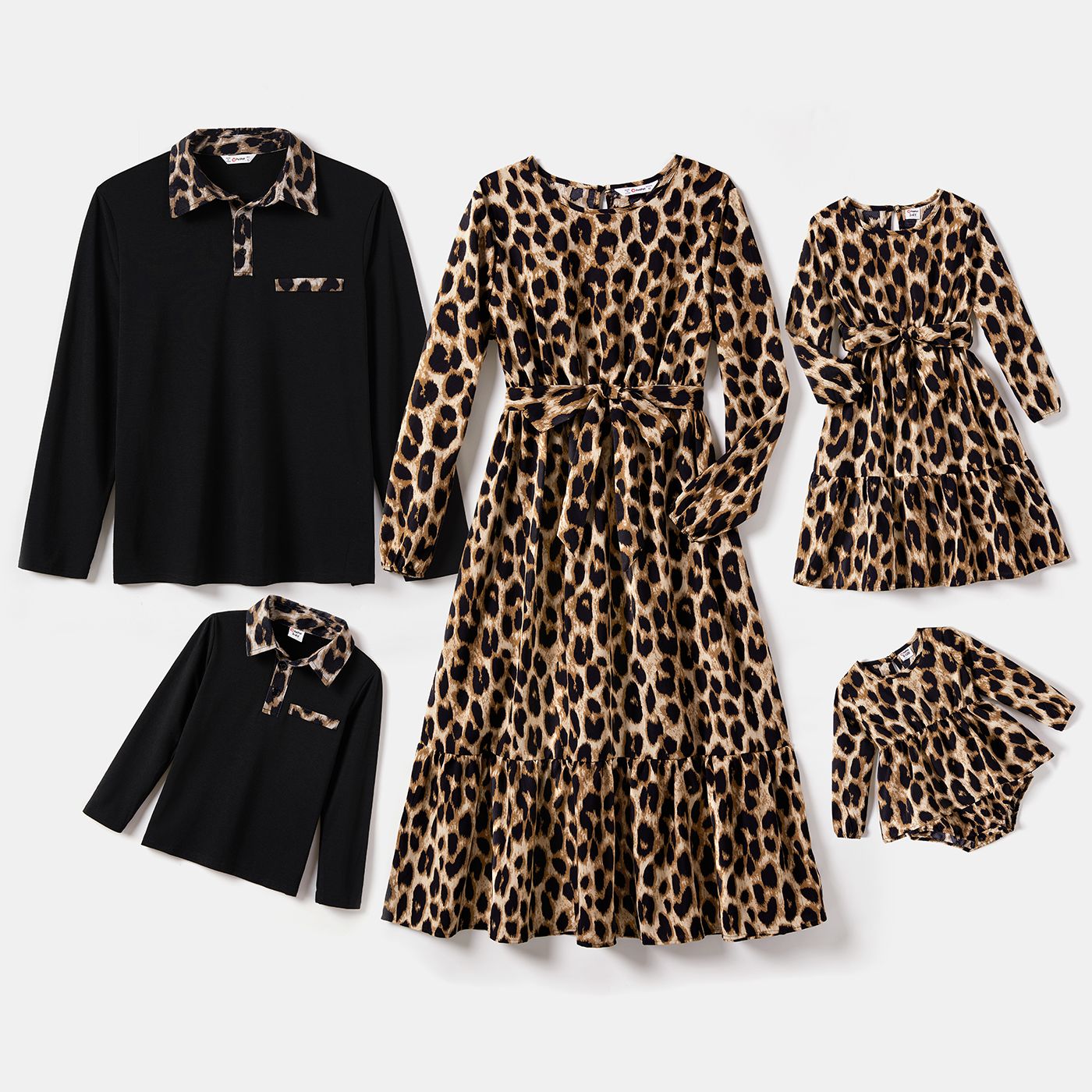 

Family Matching Allover Leopard Print Long-sleeve Belted Dresses and Polo Shirts Sets