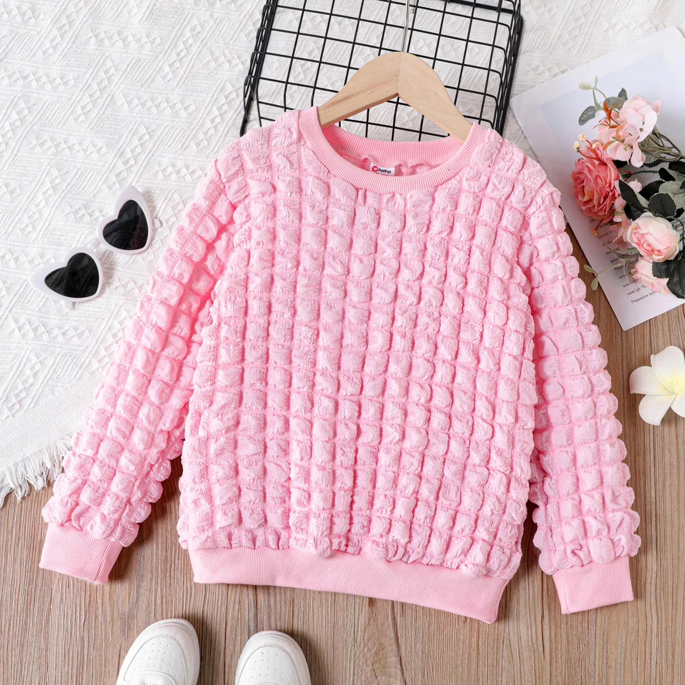 

Kid Girl Textured Bubble Pink Pullover Sweatshirt