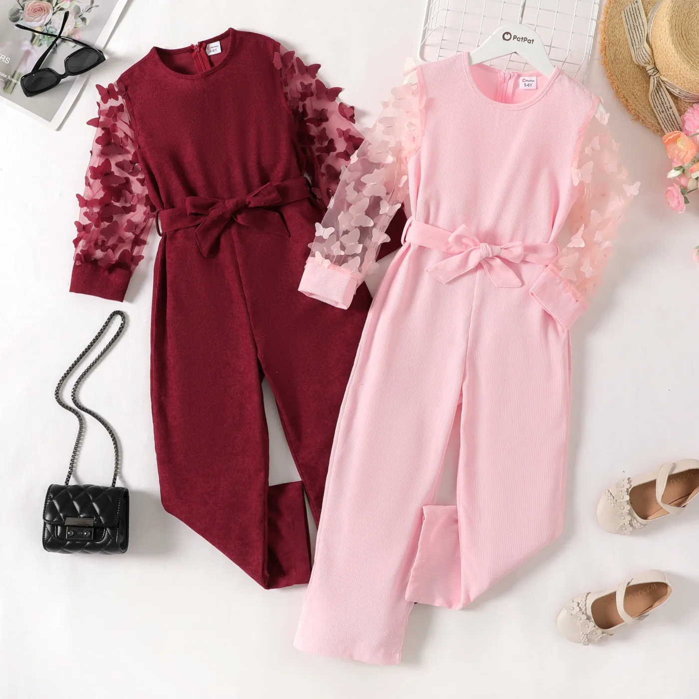 Kid Girl 3D Butterfly Design Mesh Sleeve Belted Corduroy Jumpsuit