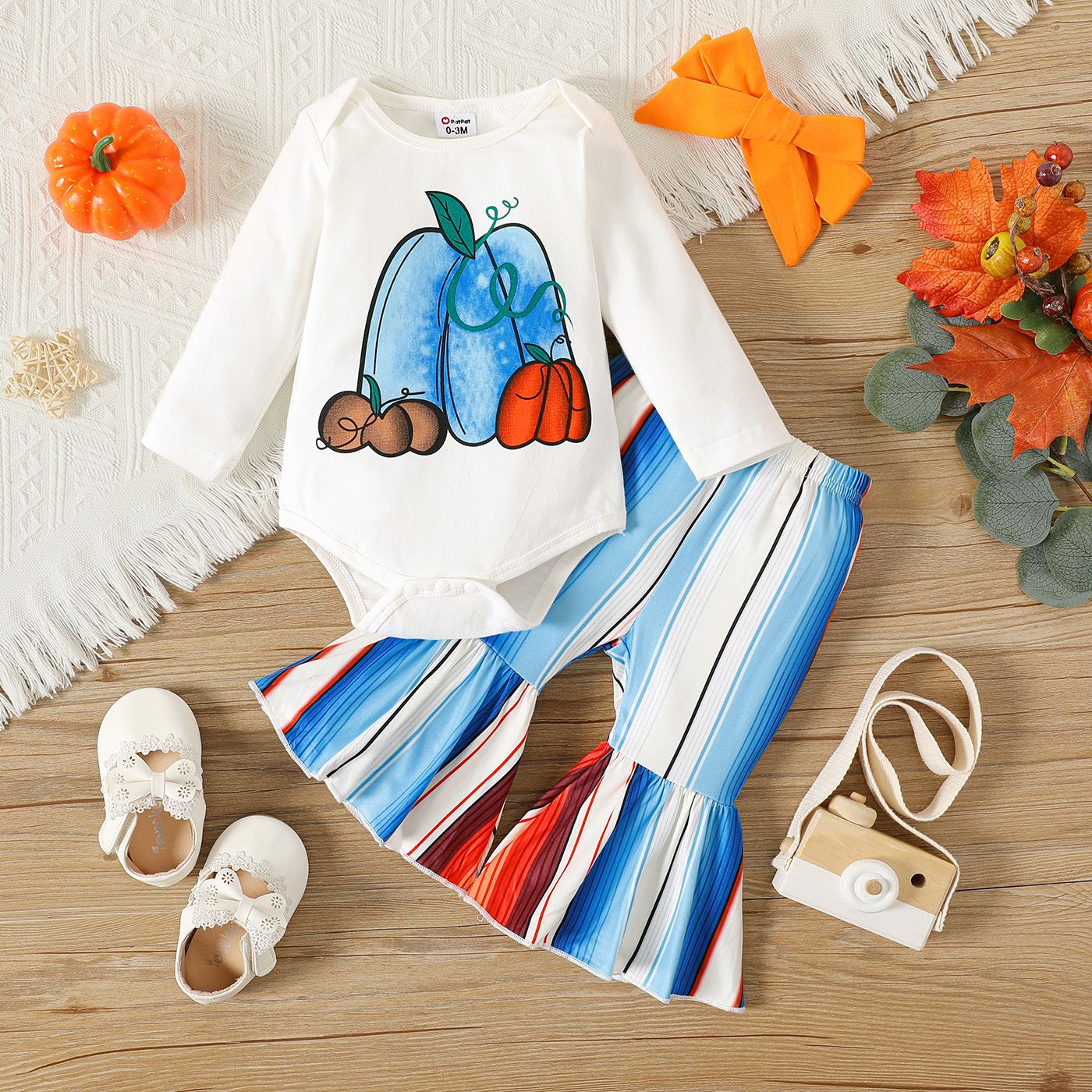 

3pcs Baby Girl 95% Cotton Long-sleeve Pumpkin Print Romper and Striped Flared Pants with Headband Set