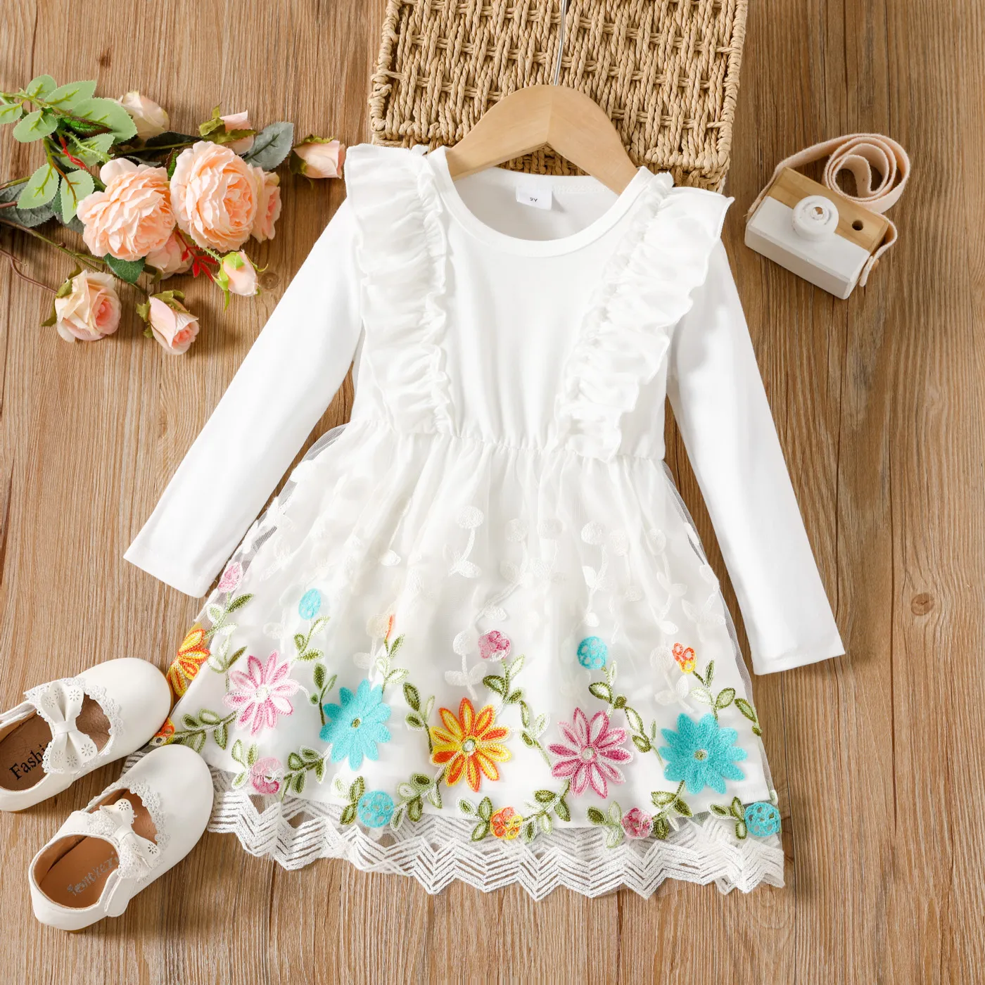 Toddler Girl Sweet Ruffled Floral Embroidered Mesh Splice Dress