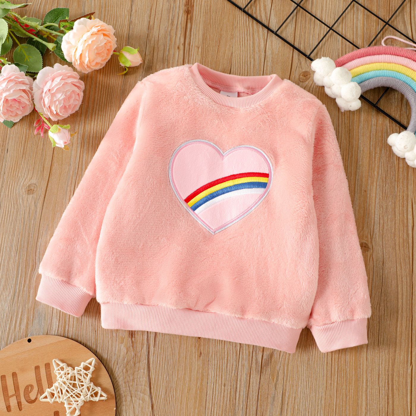 

Toddler Girl Rainbow Embroidered Fluffy Fleece Sweatshirt