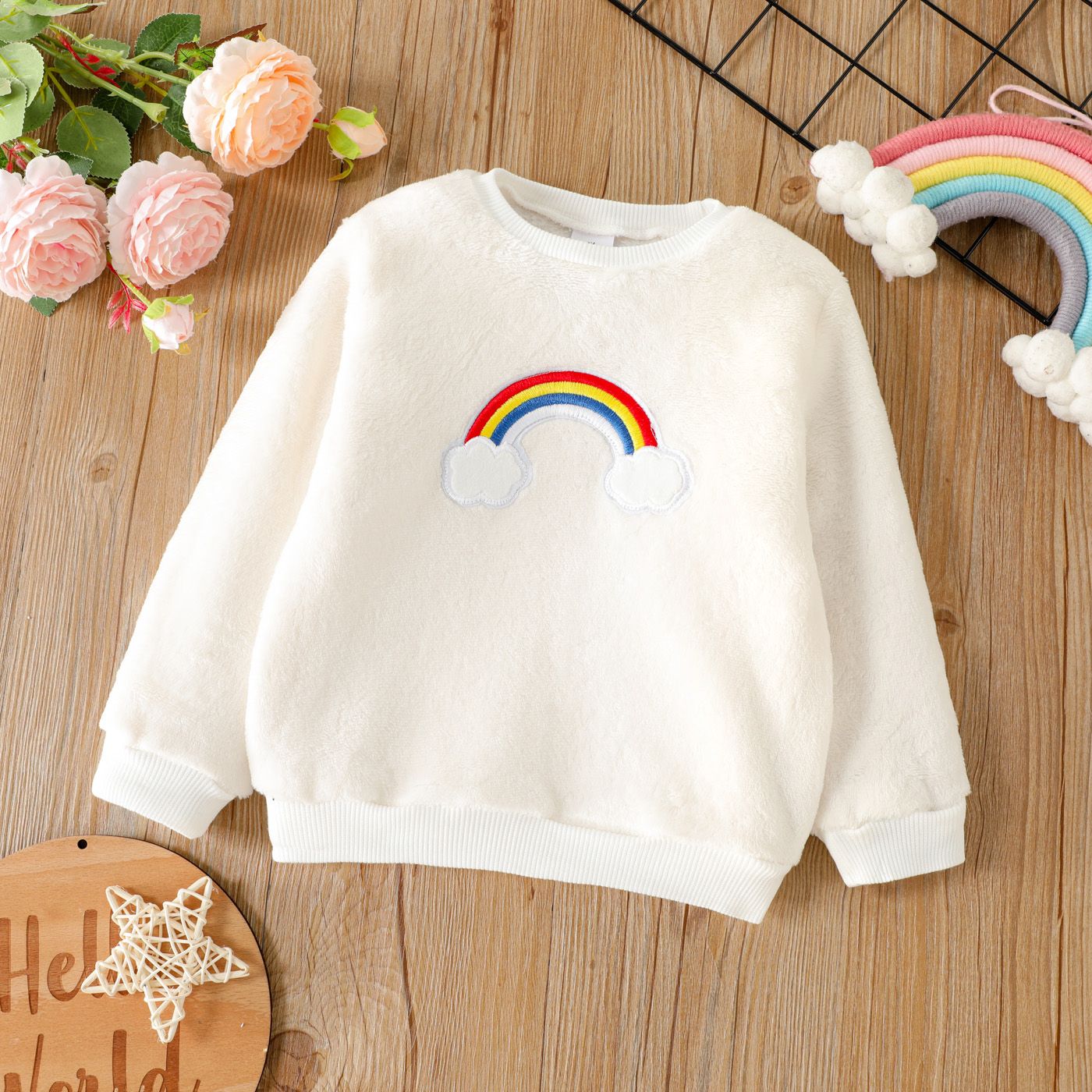 

Toddler Girl Rainbow Embroidered Fluffy Fleece Sweatshirt