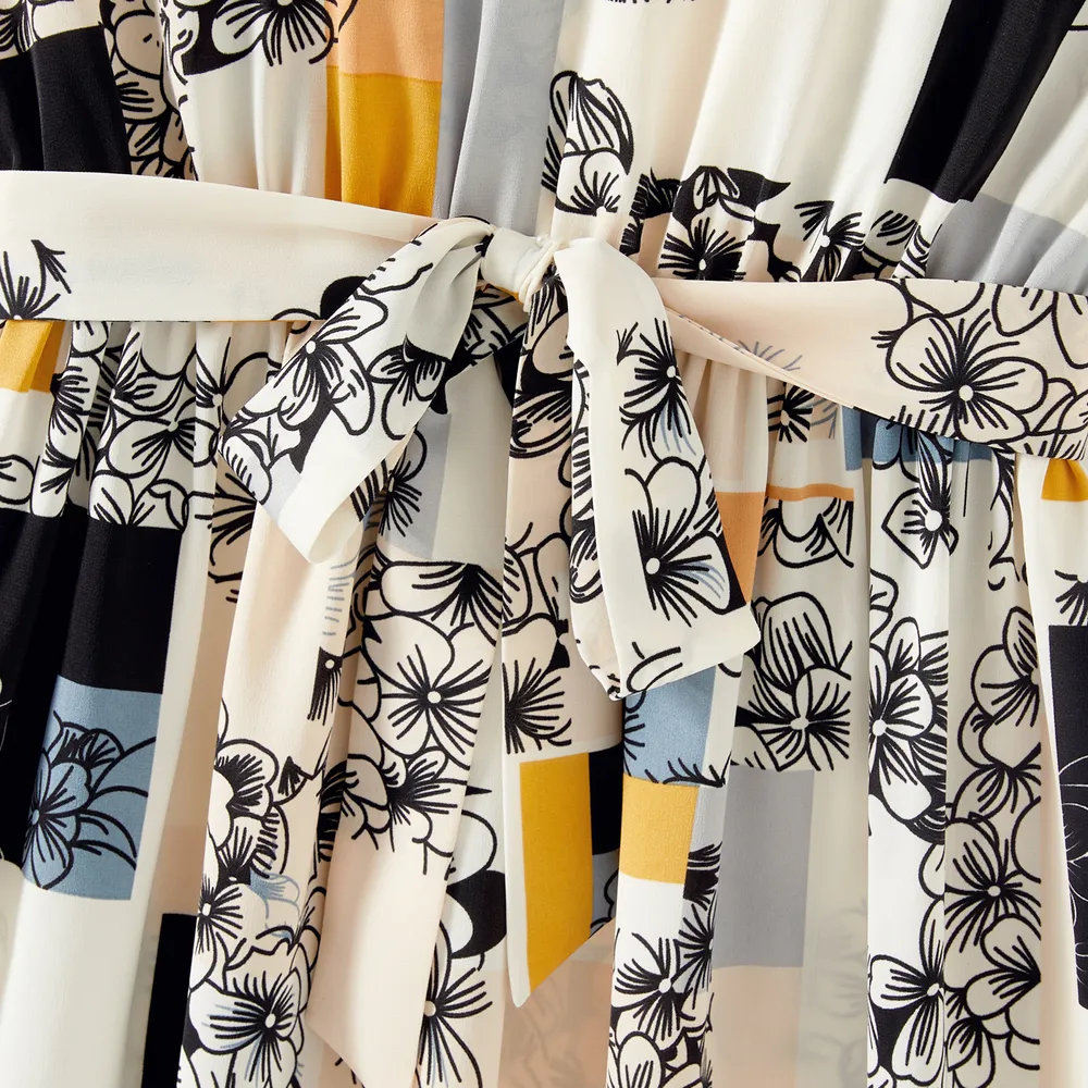 Family Matching Cotton Short-sleeve Striped Spliced T-shirts and Allover Plaid Floral Print Flutter-sleeve Dresses Sets big image 14
