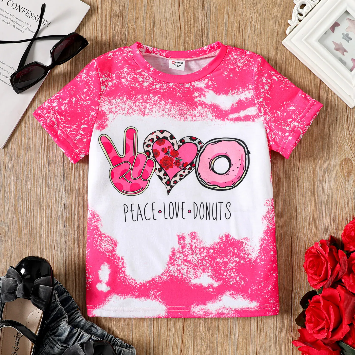 Kid Girl Letter Print Tie Dye Short-sleeve Tee Hot Pink