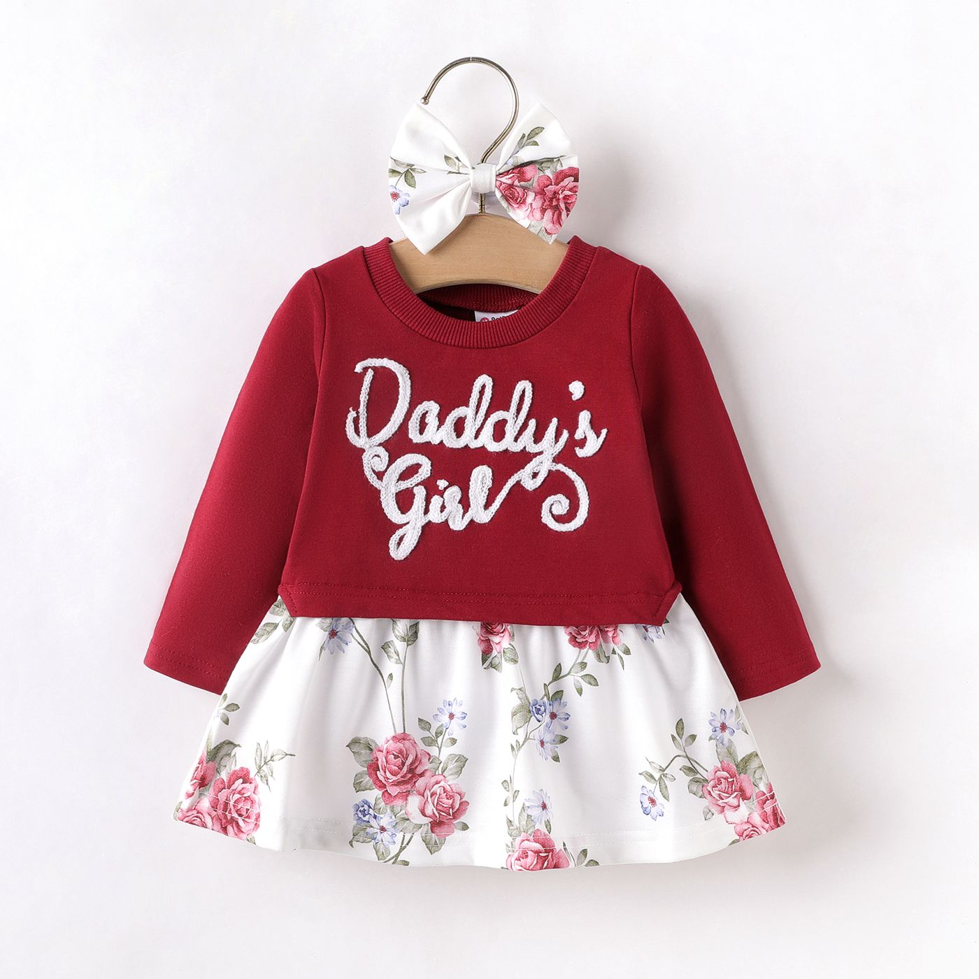 

2pcs Baby Girl 95% Cotton Long-sleeve Letter Embroidered Spliced Floral Print Dress with Headband Set